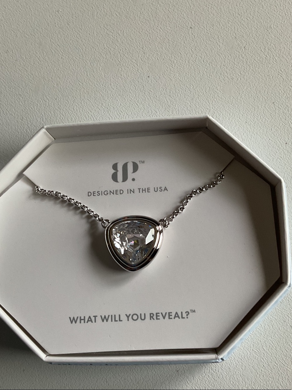 bp Silver-Tone Necklace with Clear Teardrop Crystal Pendant